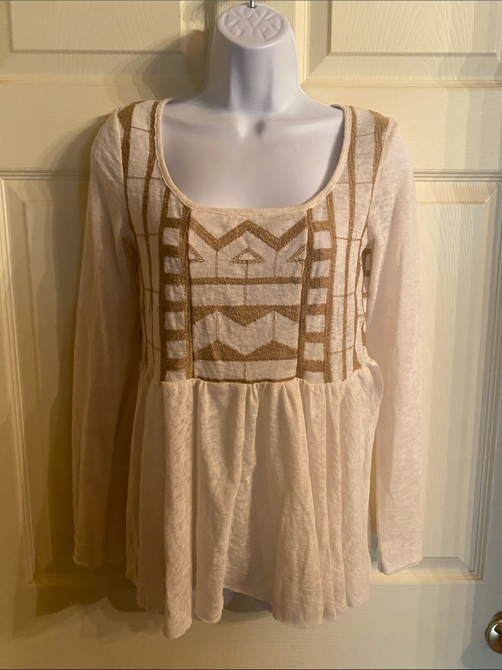 Free People Cream Tunic with Tan Embroidered Bodice